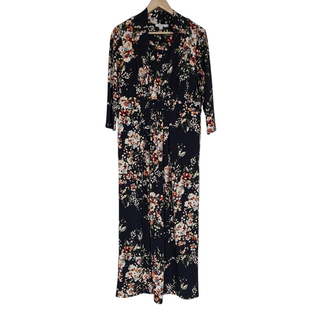 Chicos Floral Print V-Neck Maxi Dress Women 8 Navy Blue Polyester Spandex